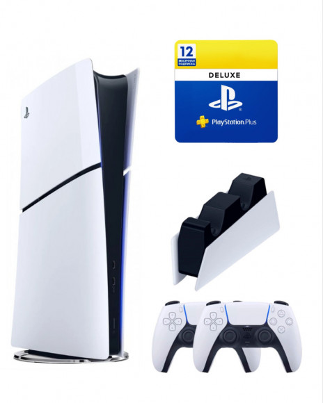 Приставка Sony Playstation 5 slim Digital 1 Tb+2-ой геймпад(белый)+зарядное+Делюкс 12 месяцев
