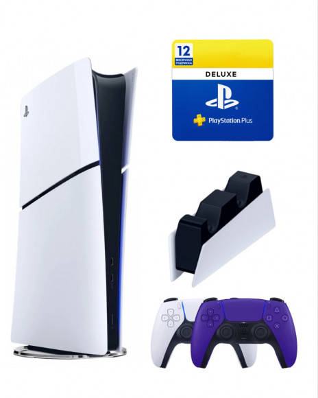 Приставка Sony Playstation 5 slim Digital 1 Tb+2-ой геймпад(фиолет)+зарядное+Делюкс 12 месяцев