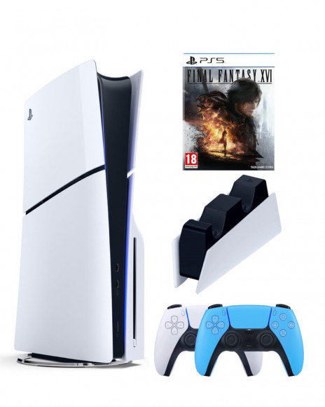 Приставка Sony Playstation 5 slim 1 Tb+2-ой геймпад(голубой)+зарядное+Final Fantasy