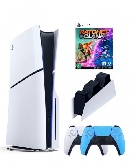 Приставка Sony Playstation 5 slim 1 Tb+2-ой геймпад(голубой)+зарядное+Ratchet Clank