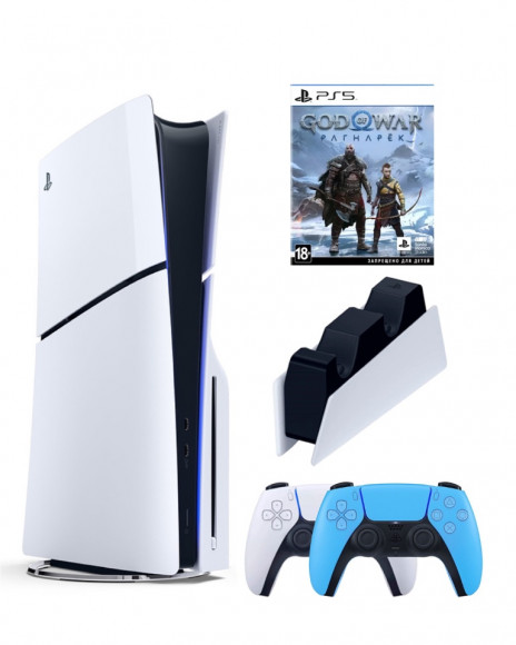 Приставка Sony Playstation 5 slim 1 Tb+2-ой геймпад(голубой)+зарядное+God of WAr