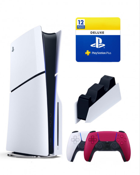 Sony Playstation 5 slim 1 Tb с дисководом+2-ой геймпад(красный)+зарядное+Делюкс 12 месяцев