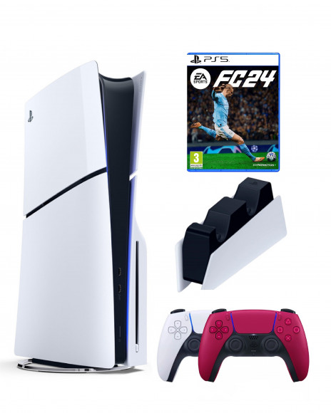 Приставка Sony Playstation 5 slim 1 Tb+2-ой геймпад(красный)+зарядное+FC24